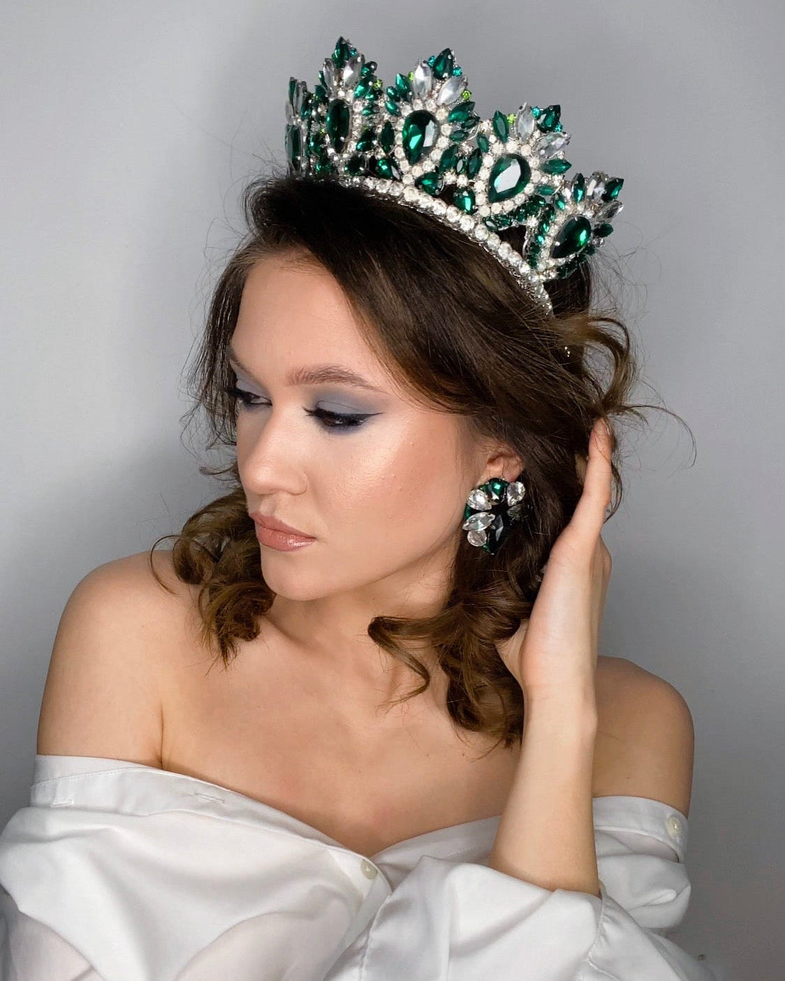Emerald Forest Queen Crown & Earrings Set | Large Handmade Crystal Tiara