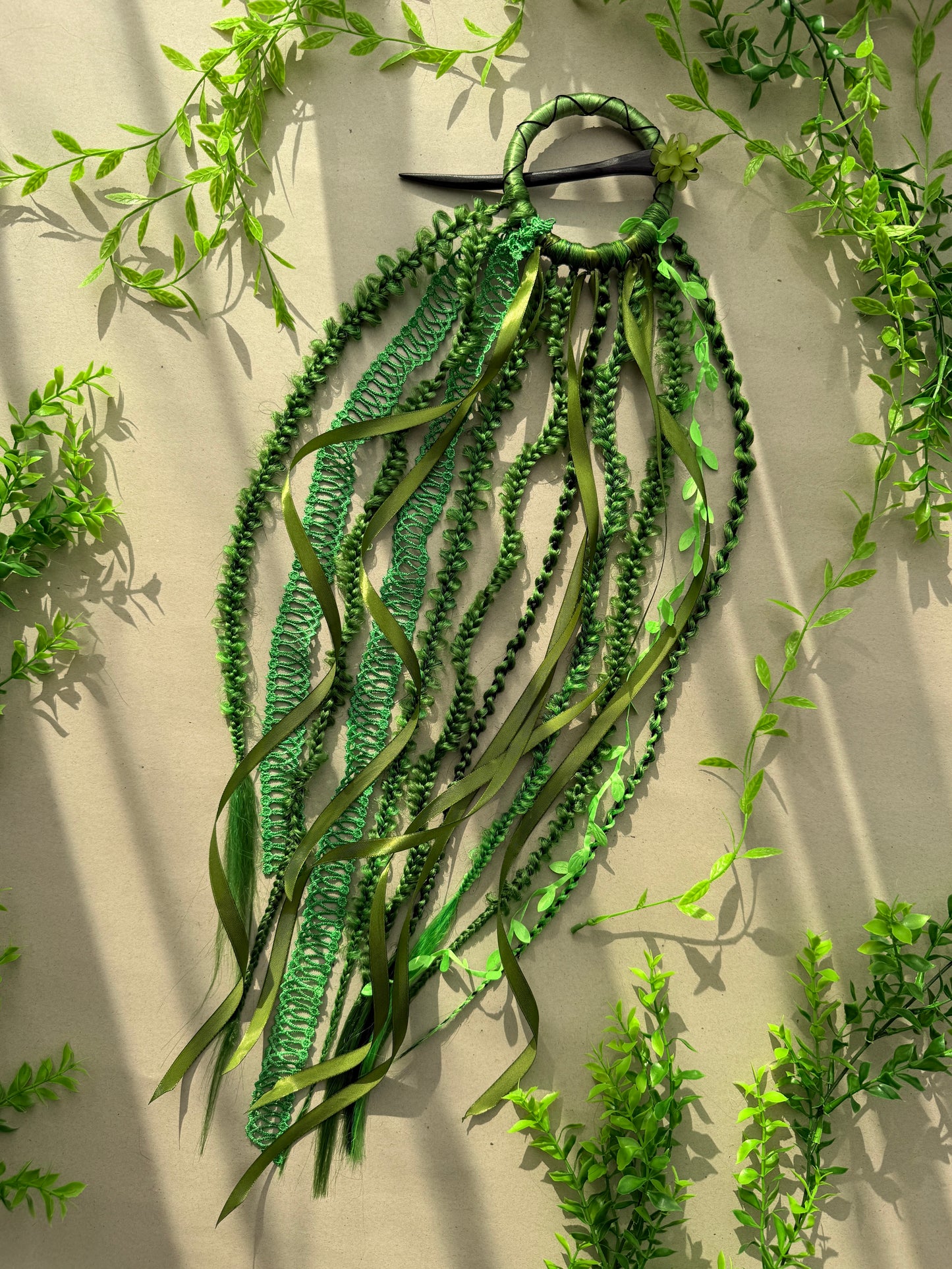 Green Boho Hair Stick with Braided Extensions – Forest Fairy Hair Accessory