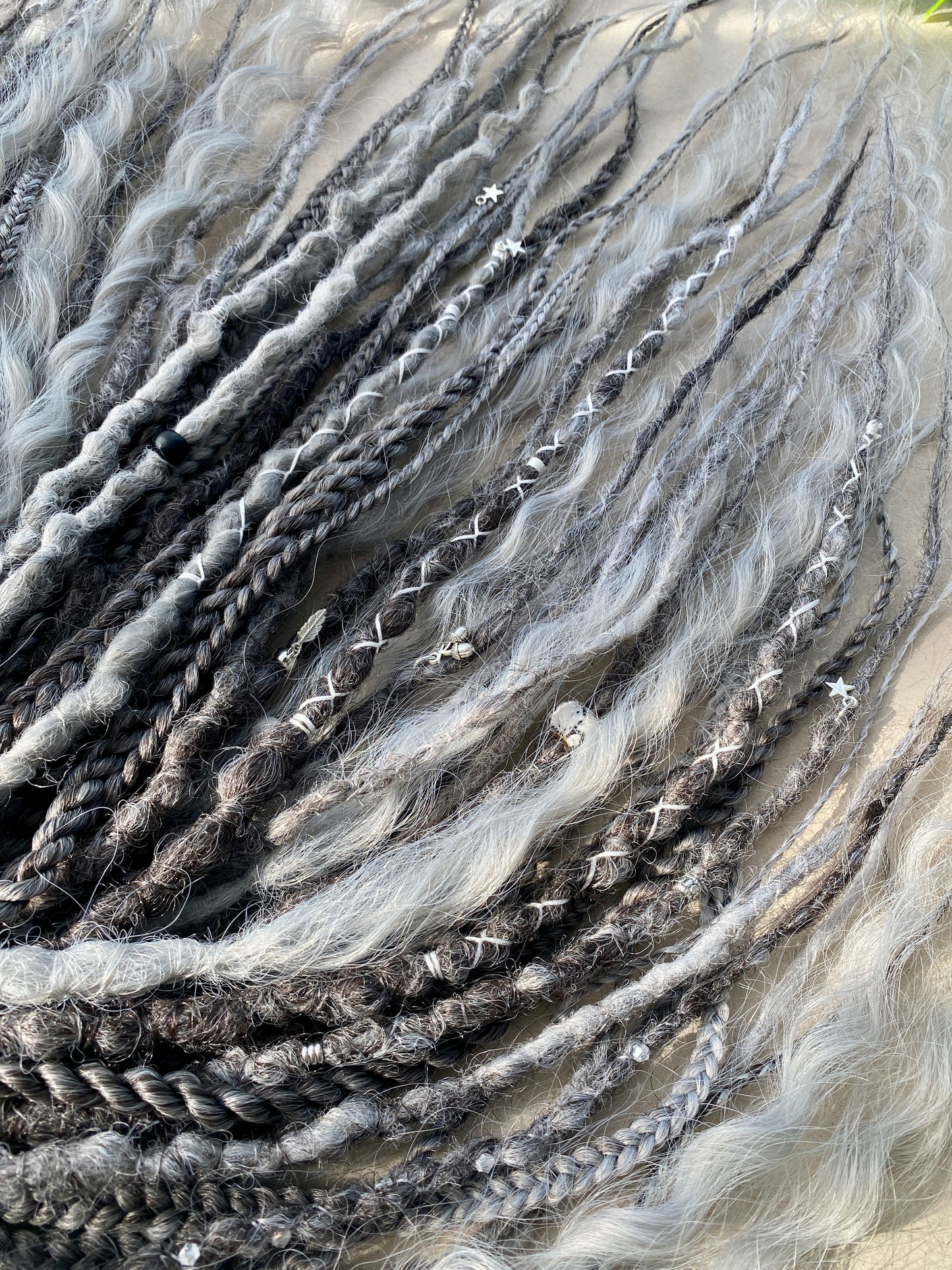 Black to Silver Ombre Dreadlocks Full Set with Curls & Braids