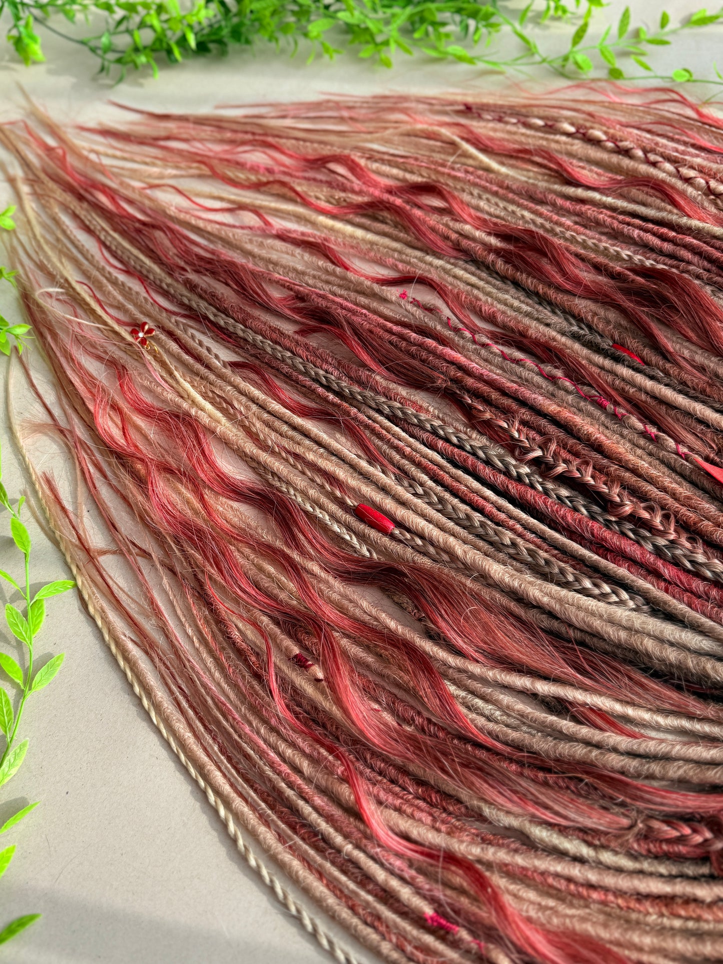 Handmade Blonde Dreadlock Set with Red Accents | Long Wavy DE Dreads 70–75 cm | Ready to Ship