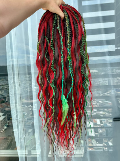 Burning Ivy Dreadlocks – Red, Green & Black Curly Fantasy DE Hair Extensions