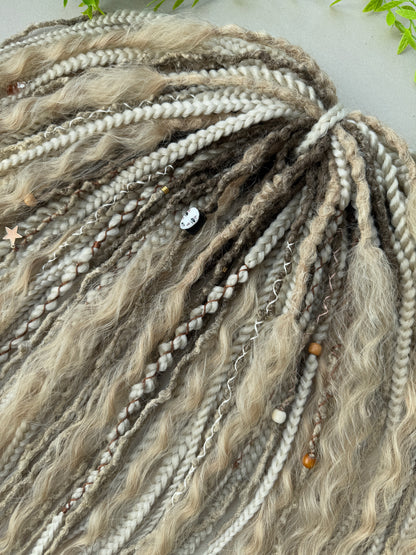 Ash Blonde Dreads — Ombre Synthetic Dreadlock Full Set with Braids & Curls | Boho Fairy Hair