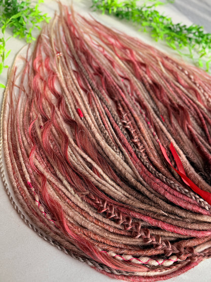 Handmade Blonde Dreadlock Set with Red Accents | Long Wavy DE Dreads 70–75 cm | Ready to Ship