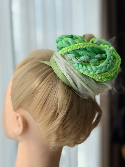 Green Dread Scrunchie – Forest Hair Accessory, Boho Braids, Fairy Hair Piece with Ribbons