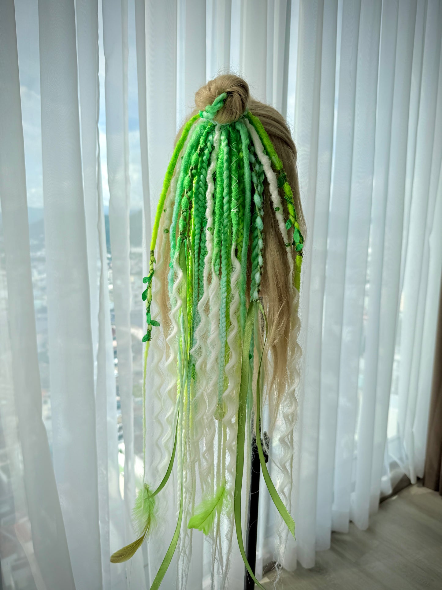 Green Dread Scrunchie – Forest Hair Accessory, Boho Braids, Fairy Hair Piece with Ribbons