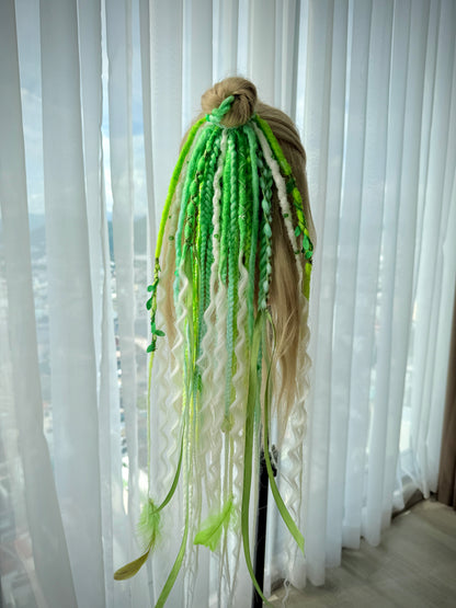 Green Dread Scrunchie – Forest Hair Accessory, Boho Braids, Fairy Hair Piece with Ribbons