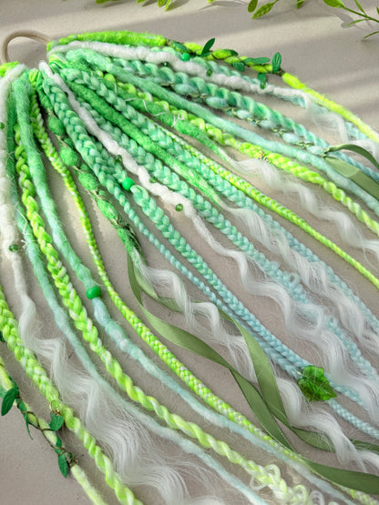 Green Dread Scrunchie – Forest Hair Accessory, Boho Braids, Fairy Hair Piece with Ribbons