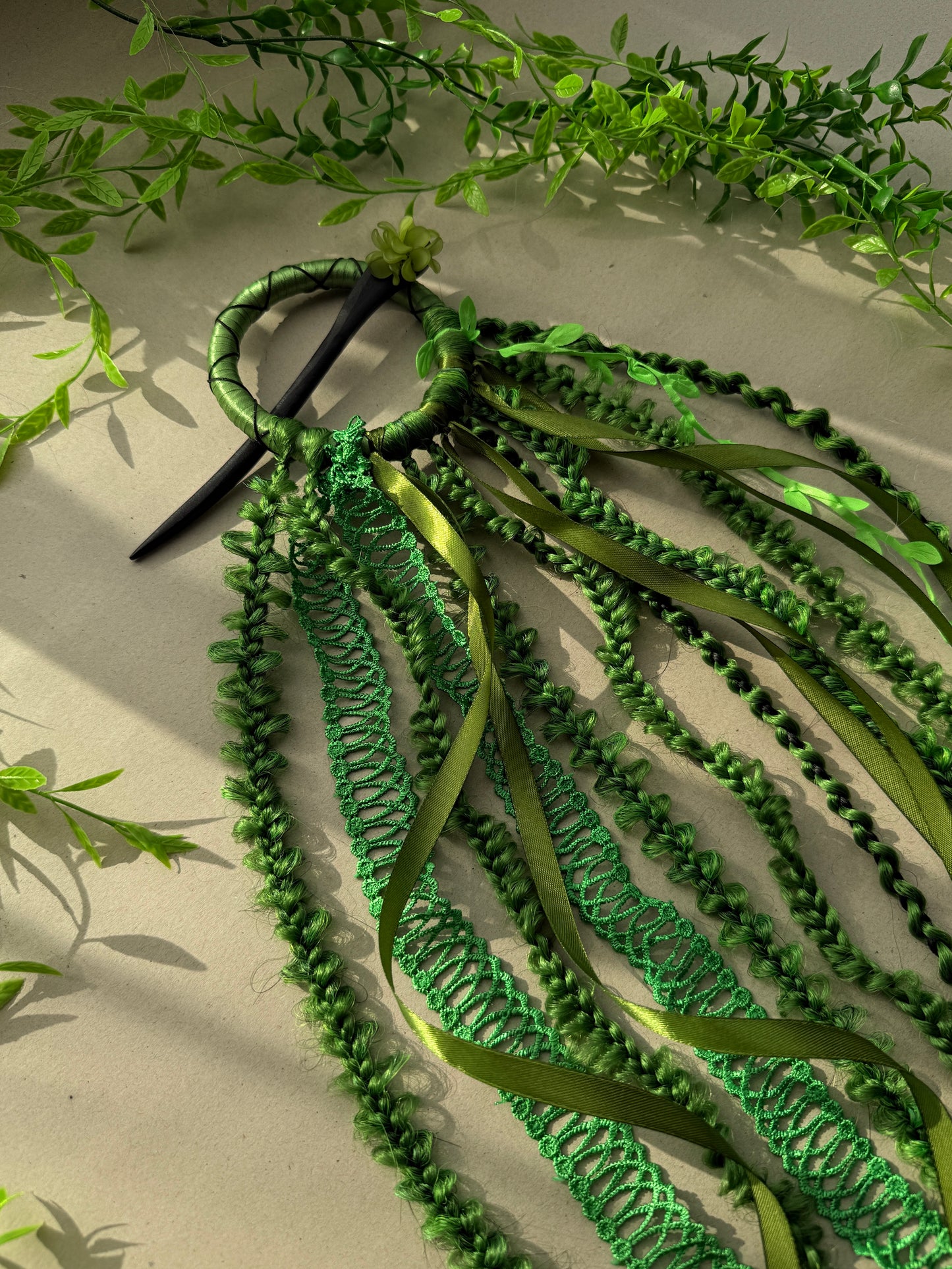 Green Boho Hair Stick with Braided Extensions – Forest Fairy Hair Accessory