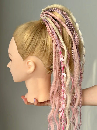 Pastel Dread Scrunchie – Pink Beige Hair Accessory, Boho Braids, Soft Fairy Hair Piece