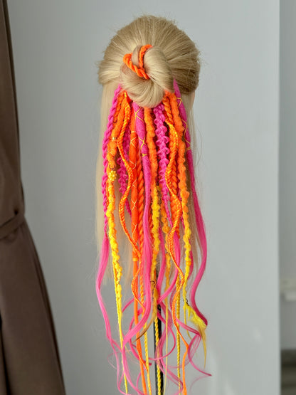 Neon Dread Hair Accessories Set – Scrunchie + 4 Clips, UV Reactive Festival Hair