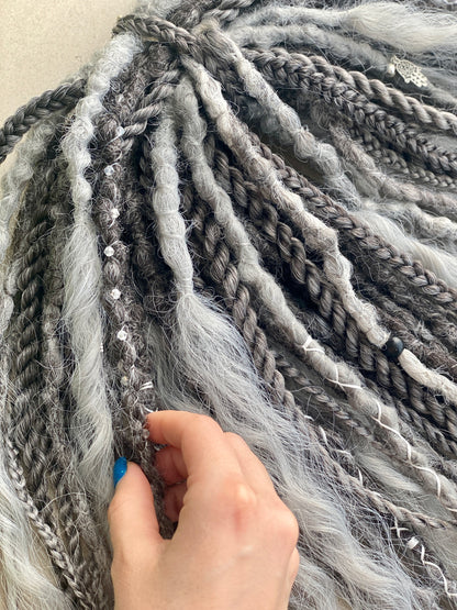 Black to Silver Ombre Dreadlocks Full Set with Curls & Braids