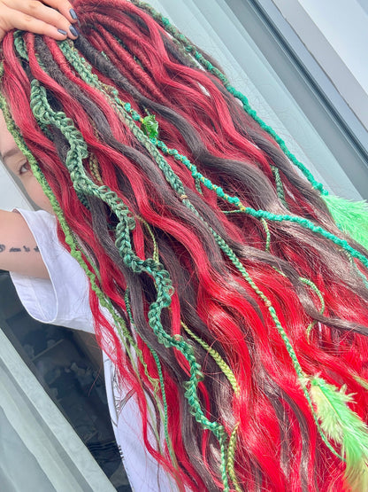 Burning Ivy Dreadlocks – Red, Green & Black Curly Fantasy DE Hair Extensions