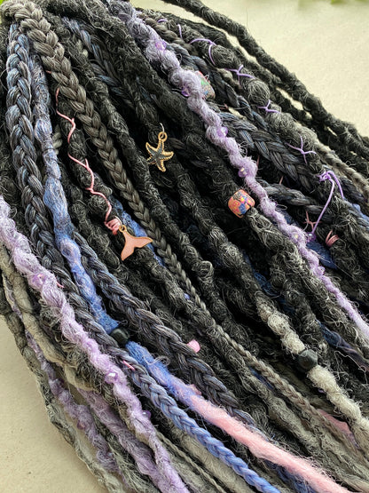 Twilight Ombre Dreadlocks – Black, Grey & Pastel Full Set Fantasy Hair Extensions