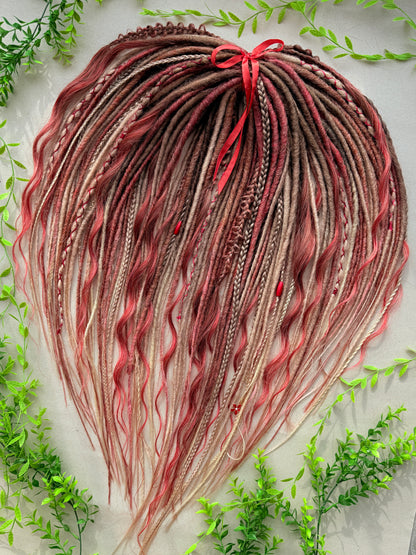 Handmade Blonde Dreadlock Set with Red Accents | Long Wavy DE Dreads 70–75 cm | Ready to Ship
