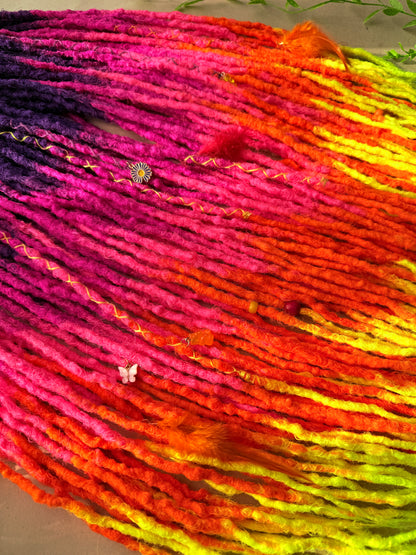 Rainbow Ombre DE Dreadlock Set – Purple Pink Orange Yellow Kanekalon Dread Extensions | 50 DE | 75 cm | Ready to Ship