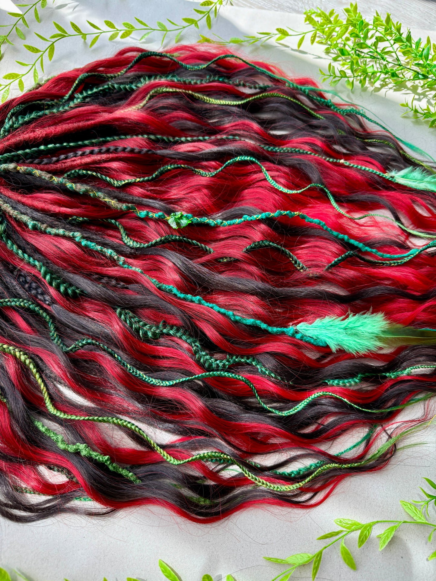 Burning Ivy Dreadlocks – Red, Green & Black Curly Fantasy DE Hair Extensions