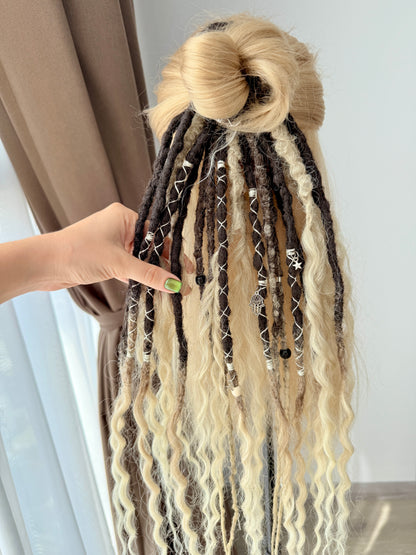 Blonde Brown Dread Scrunchie – Boho Hair Accessory, Wavy Dread Ponytail