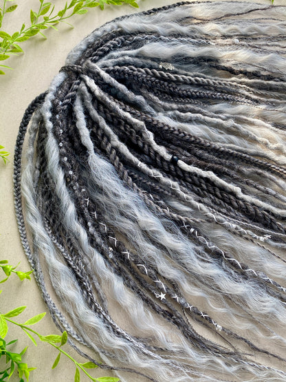Black to Silver Ombre Dreadlocks Full Set with Curls & Braids