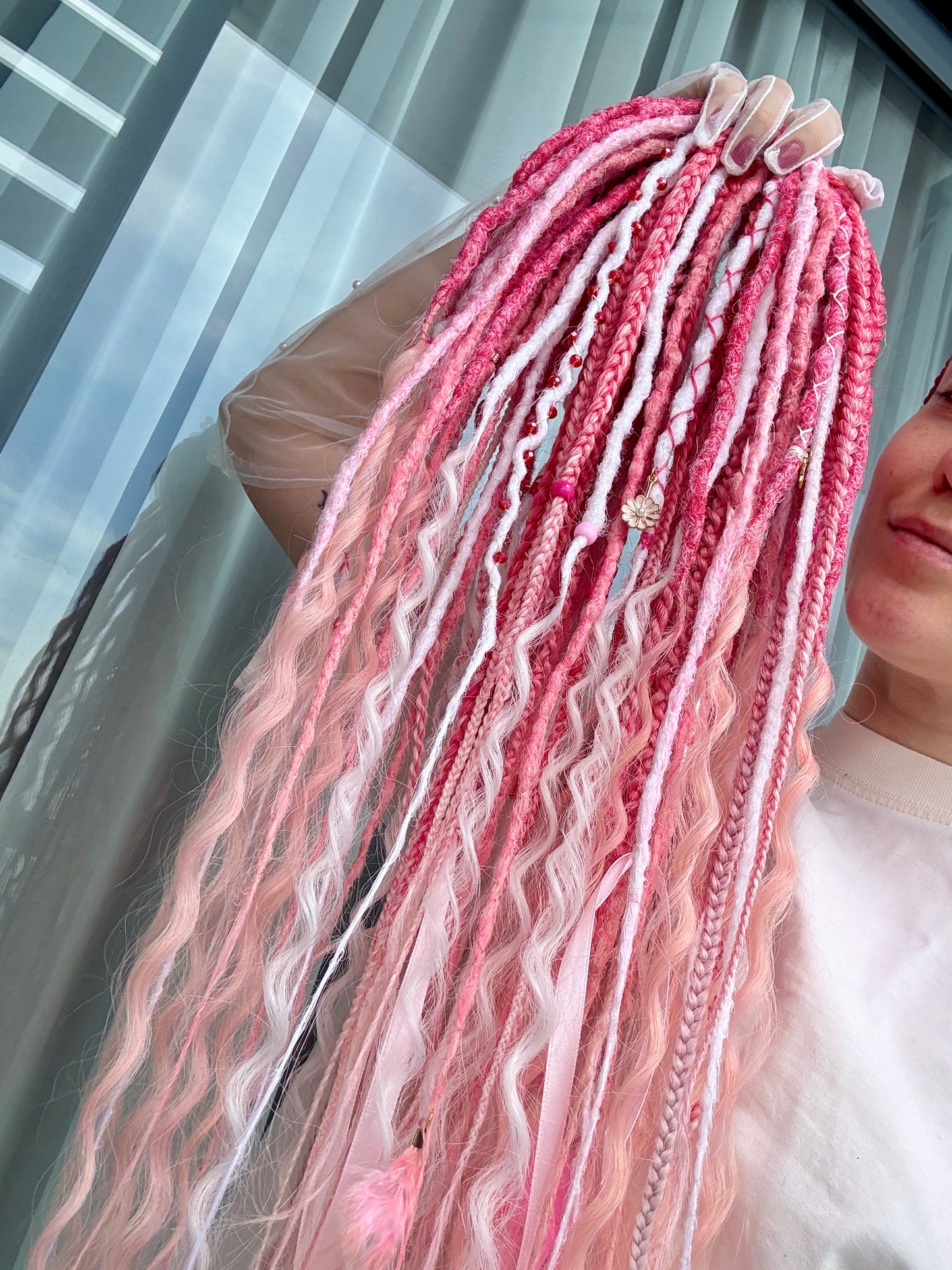 Sakura Bloom Dreadlocks – Pastel Pink & White Full Set Fantasy Hair Extensions