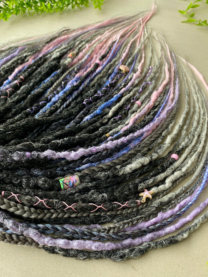 Twilight Ombre Dreadlocks – Black, Grey & Pastel Full Set Fantasy Hair Extensions