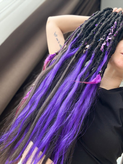 Purple & Black SE Dreadlocks with Human Hair Tips – 80 cm Full Set