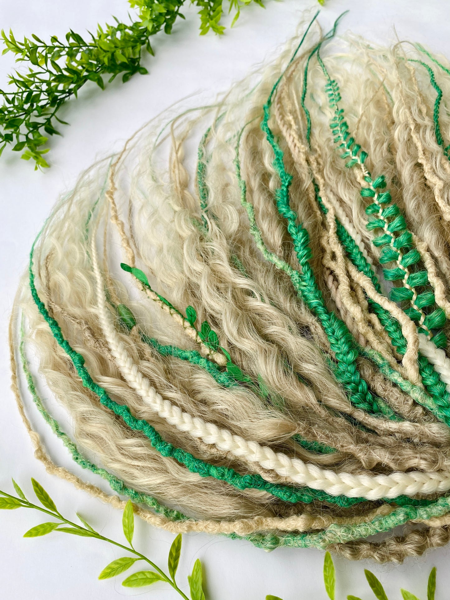 Forest Elf Dreadlock Full Set Light Green & Blonde | Braids & Curls | Handmade Synthetic DE Dreads | Ready to Ship