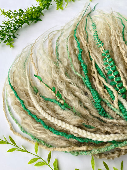 Forest Elf Dreadlock Full Set Light Green & Blonde | Braids & Curls | Handmade Synthetic DE Dreads | Ready to Ship