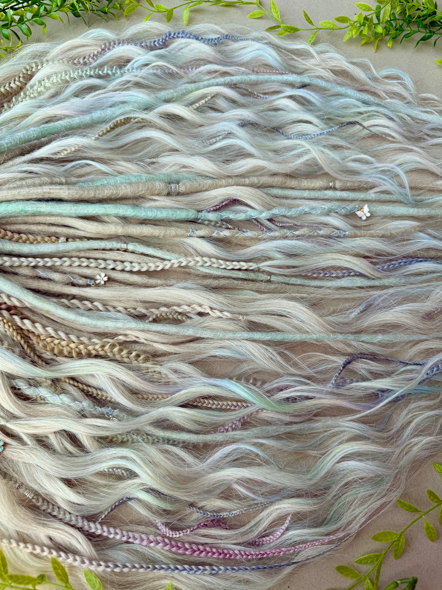 Pastel Rainbow Dreadlocks – Blonde, Mint & Lilac Full Set Fantasy Hair Extensions