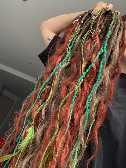 Ember Grove Dreadlocks – Red, Green & Brown Forest Fantasy DE / SE Hair Extensions
