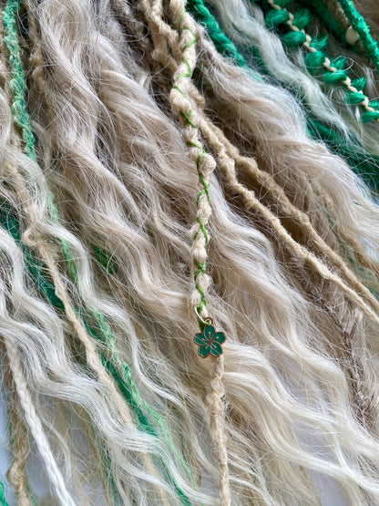 Forest Elf Dreadlock Full Set Light Green & Blonde | Braids & Curls | Handmade Synthetic DE Dreads | Ready to Ship
