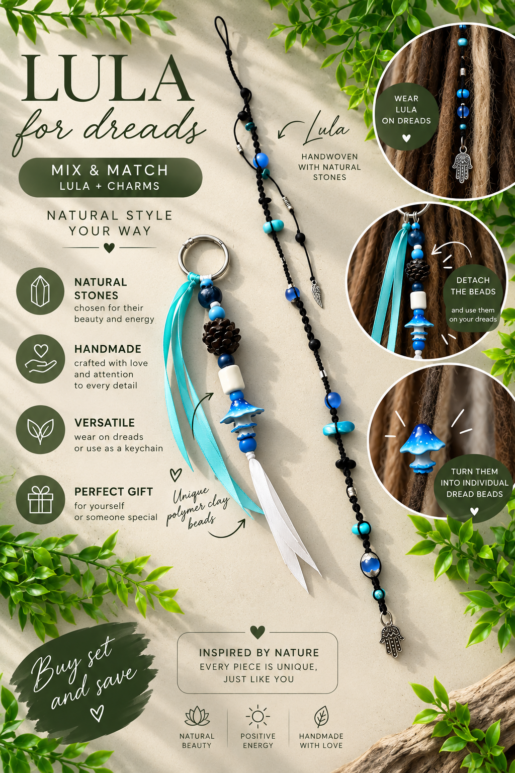 Blue Mushroom Dread Accessories | Choose Lula, Charm or Set
