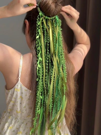 Green Boho Hair Stick with Braided Extensions – Forest Fairy Hair Accessory