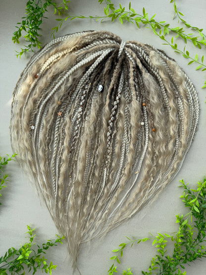 Ash Blonde Dreads — Ombre Synthetic Dreadlock Full Set with Braids & Curls | Boho Fairy Hair