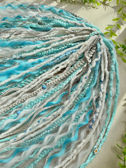 Snow Queen Dreadlocks – White, Ice Blue & Gray Full Set Fantasy Hair Extensions