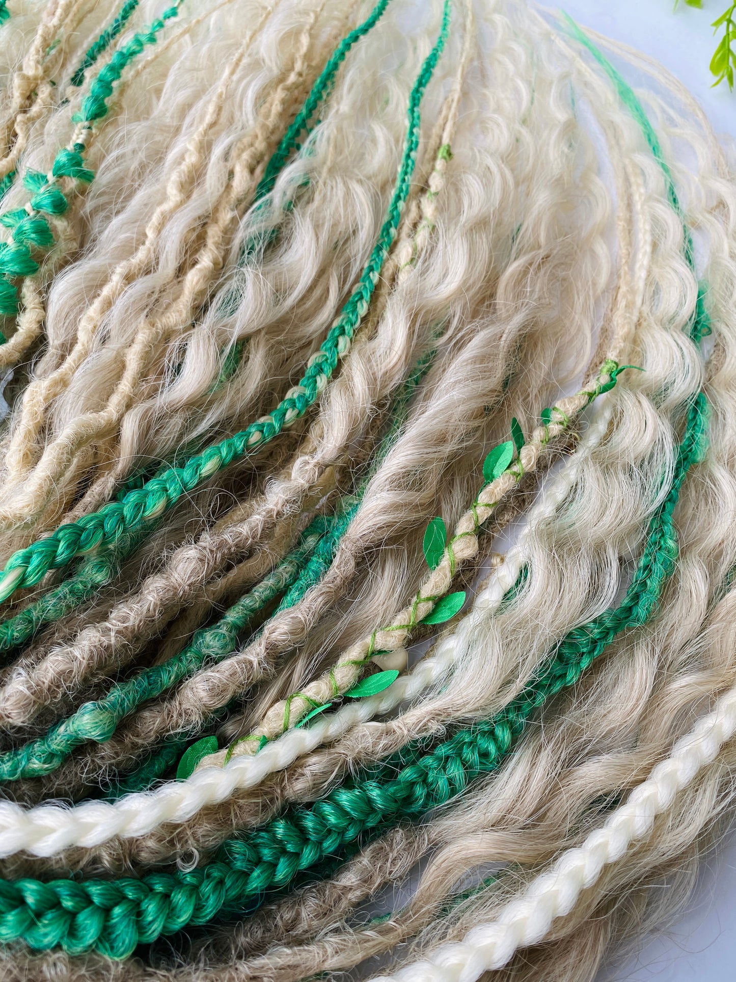 Forest Elf Dreadlock Full Set Light Green & Blonde | Braids & Curls | Handmade Synthetic DE Dreads | Ready to Ship