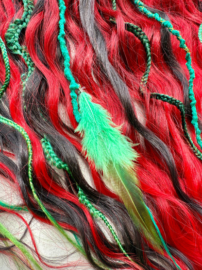 Burning Ivy Dreadlocks – Red, Green & Black Curly Fantasy DE Hair Extensions