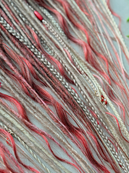 Handmade Blonde Dreadlock Set with Red Accents | Long Wavy DE Dreads 70–75 cm | Ready to Ship