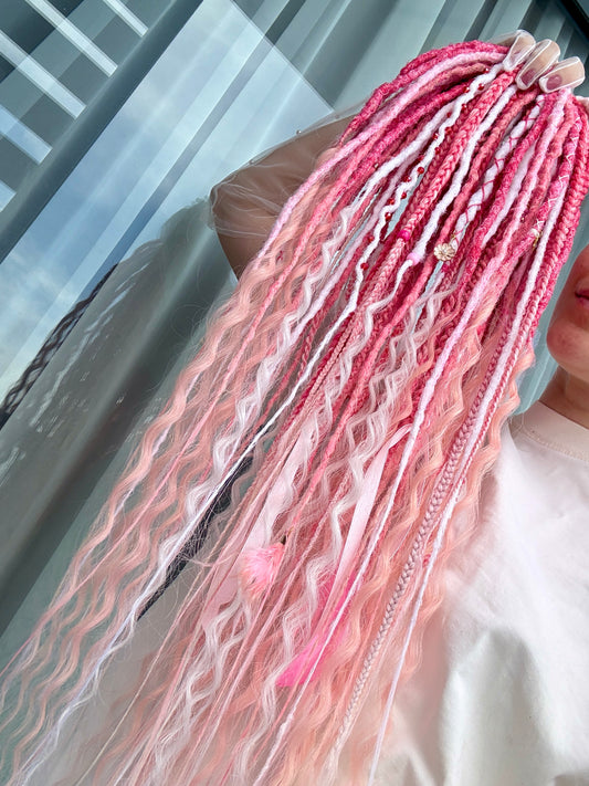 Sakura Bloom Dreadlocks – Pastel Pink & White Full Set Fantasy Hair Extensions