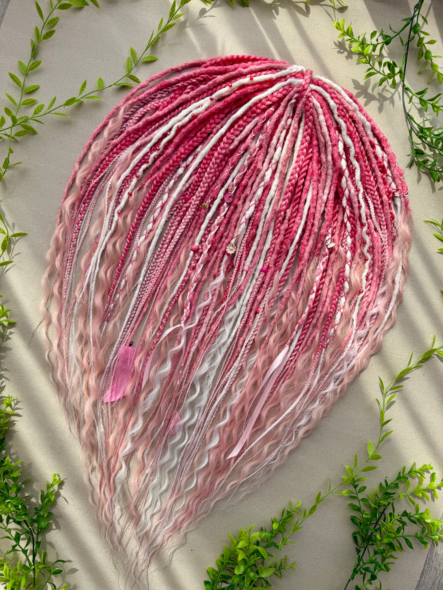 Sakura Bloom Dreadlocks – Pastel Pink & White Full Set Fantasy Hair Extensions