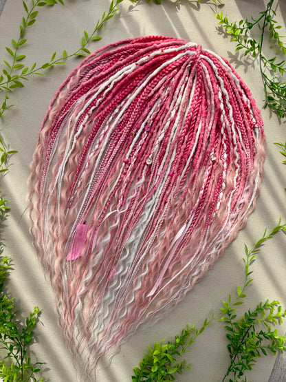 Sakura Bloom Dreadlocks – Pastel Pink & White Full Set Fantasy Hair Extensions