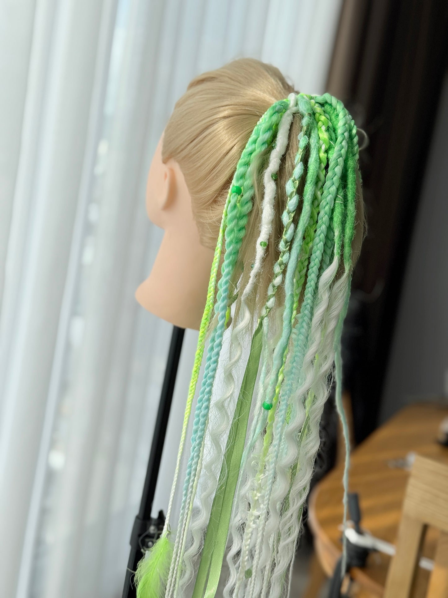 Green Dread Scrunchie – Forest Hair Accessory, Boho Braids, Fairy Hair Piece with Ribbons
