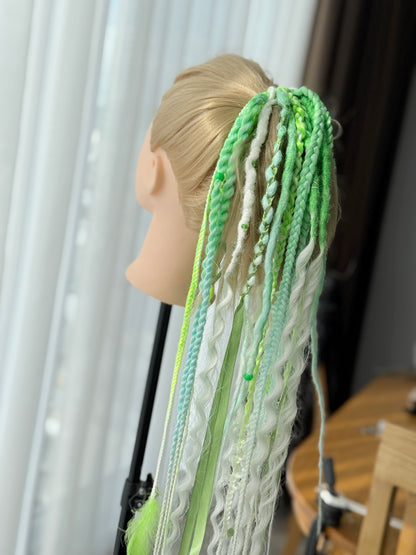 Green Dread Scrunchie – Forest Hair Accessory, Boho Braids, Fairy Hair Piece with Ribbons