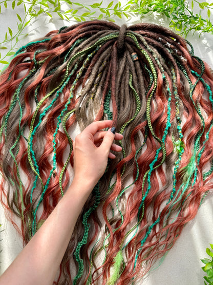Ember Grove Dreadlocks – Red, Green & Brown Forest Fantasy DE / SE Hair Extensions