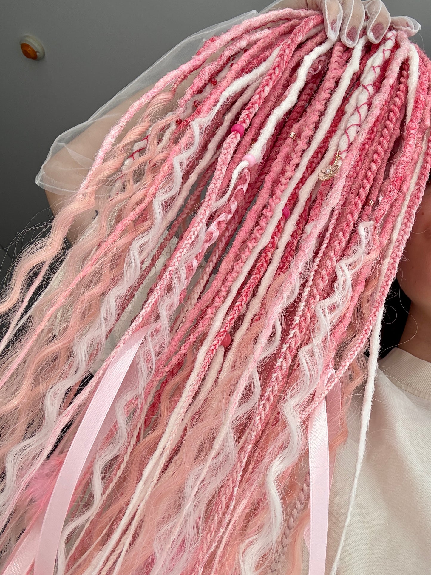 Sakura Bloom Dreadlocks – Pastel Pink & White Full Set Fantasy Hair Extensions