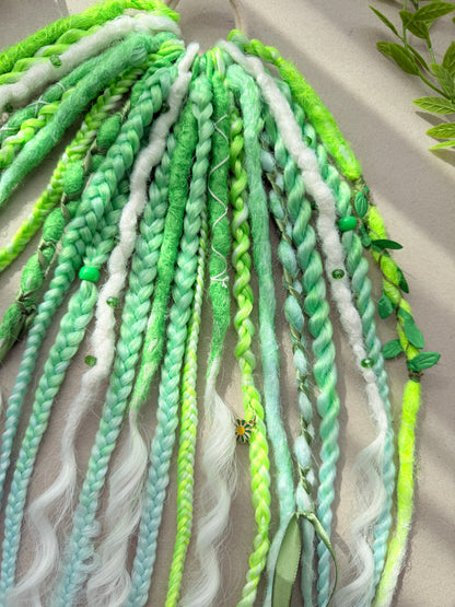 Green Dread Scrunchie – Forest Hair Accessory, Boho Braids, Fairy Hair Piece with Ribbons