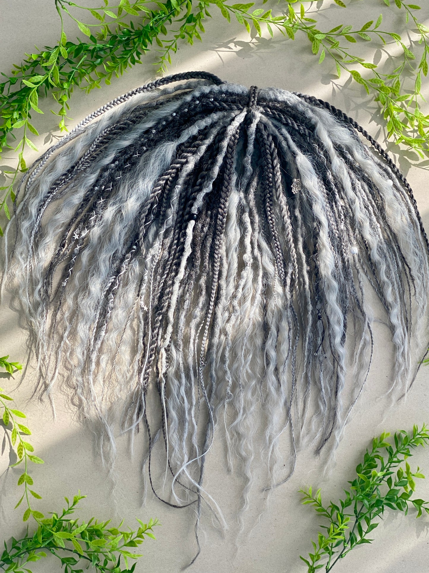 Black to Silver Ombre Dreadlocks Full Set with Curls & Braids