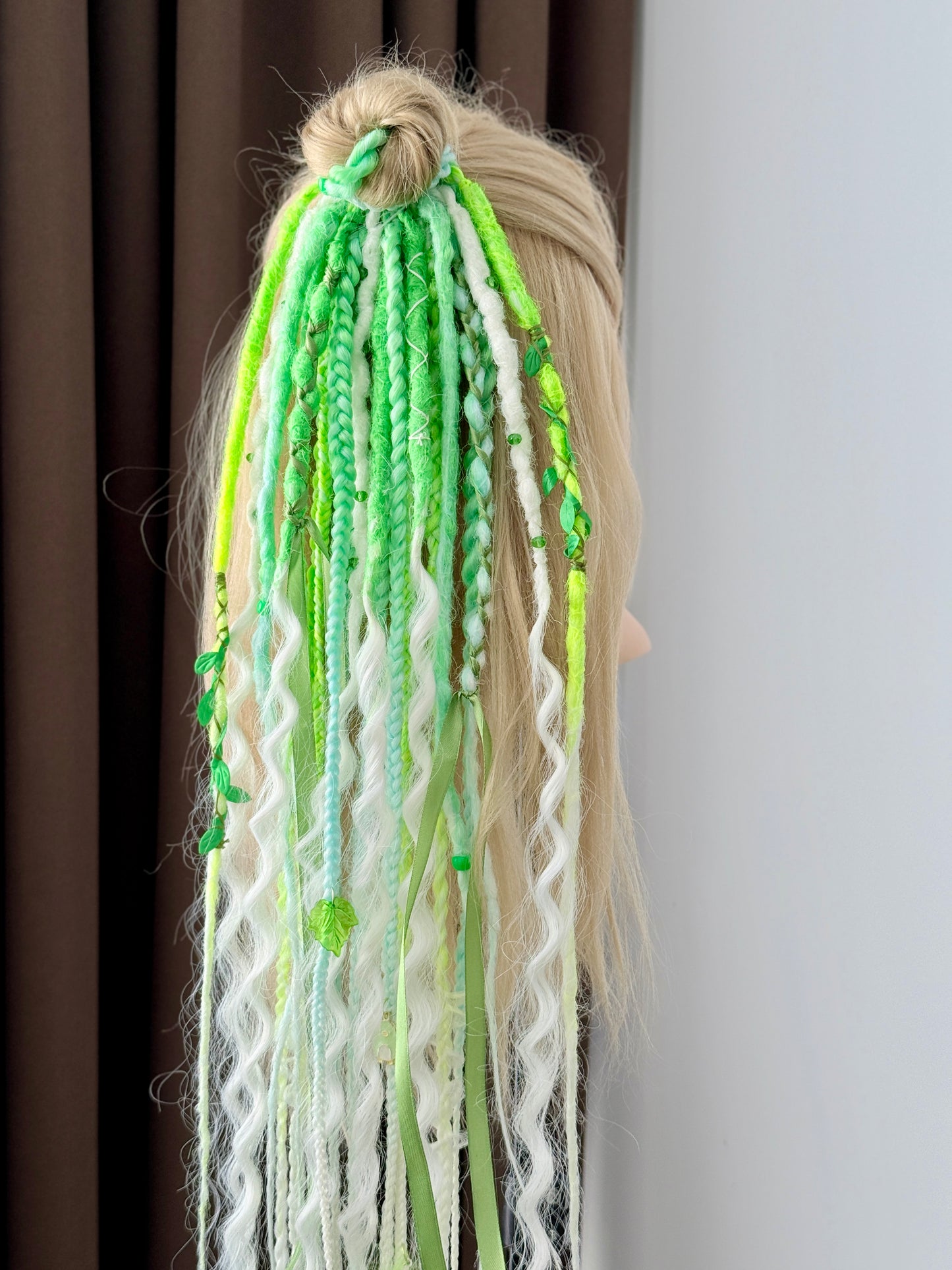 Green Dread Scrunchie – Forest Hair Accessory, Boho Braids, Fairy Hair Piece with Ribbons