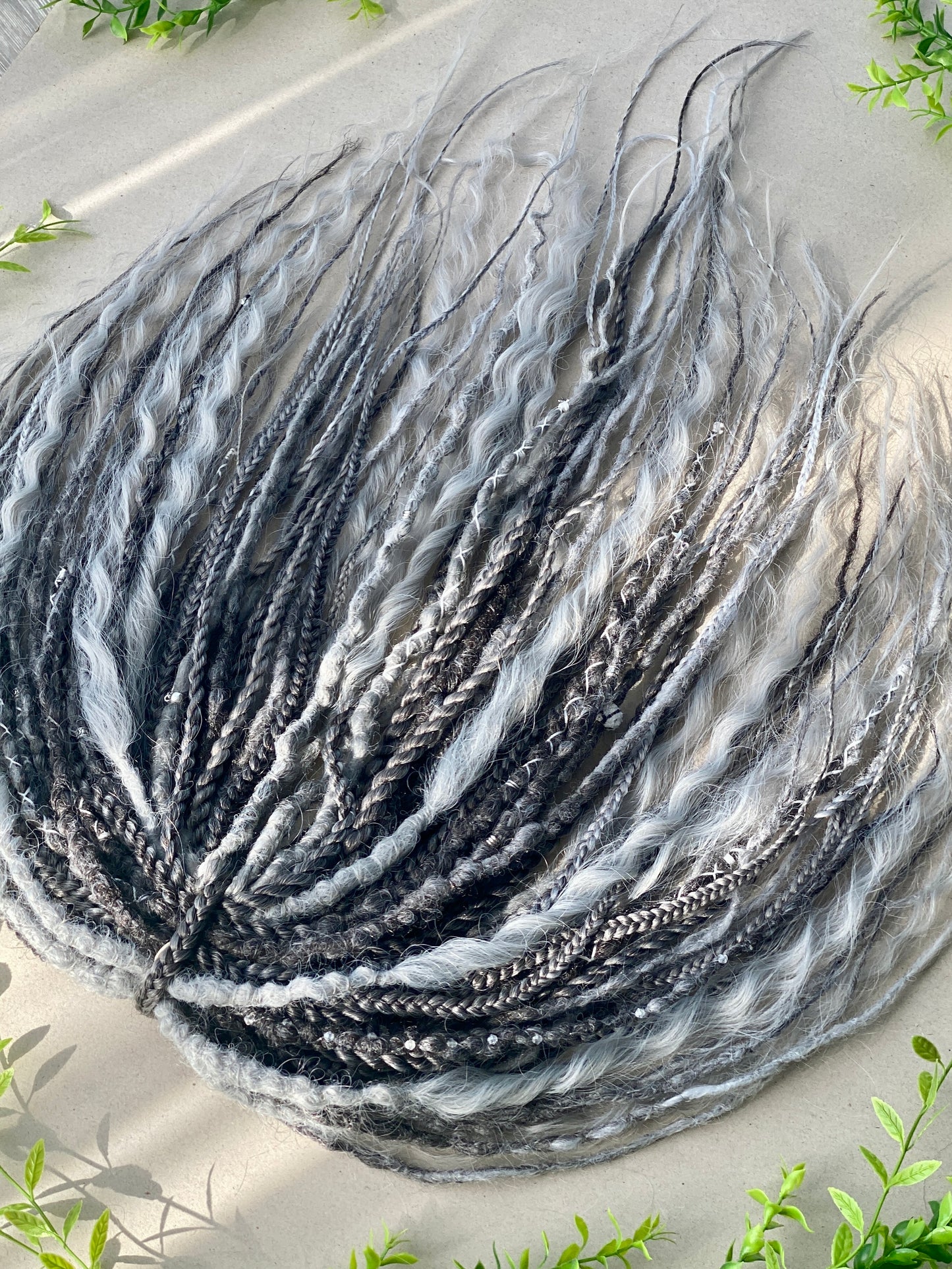 Black to Silver Ombre Dreadlocks Full Set with Curls & Braids