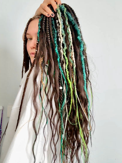 Woodland Fantasy Dreadlocks – Curly Braided Hair Extensions in Green & Earth Tones