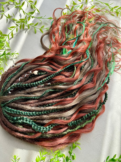 Ember Grove Dreadlocks – Red, Green & Brown Forest Fantasy DE / SE Hair Extensions